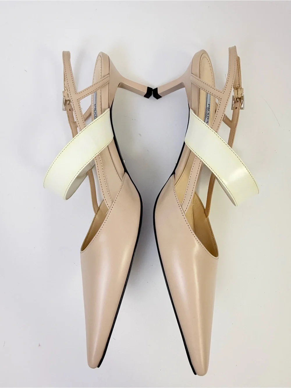Prada Triangle Logo Mary Jane Slingback Nude Ivory Leather Heel pumps EU 38.5